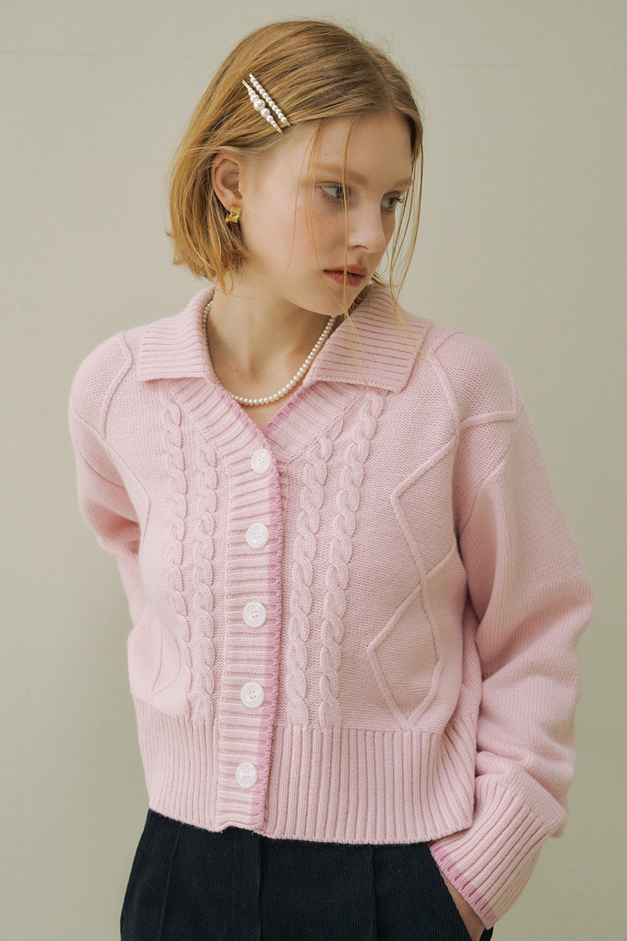 CASHMERE BLEND CABLE CARDIGAN - PINK