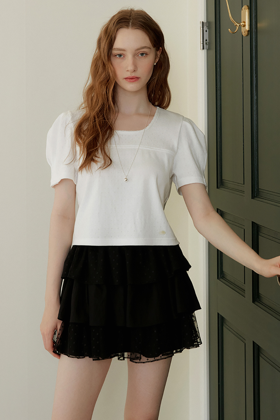 SQUARE LACE PUFF SHORT SLEEVE T-SHIRT - IVORY