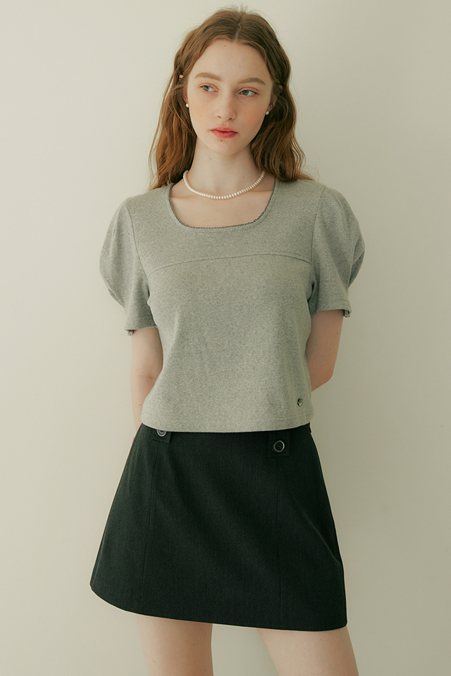 SQUARE LACE PUFF SHORT SLEEVE T-SHIRT - GRAY